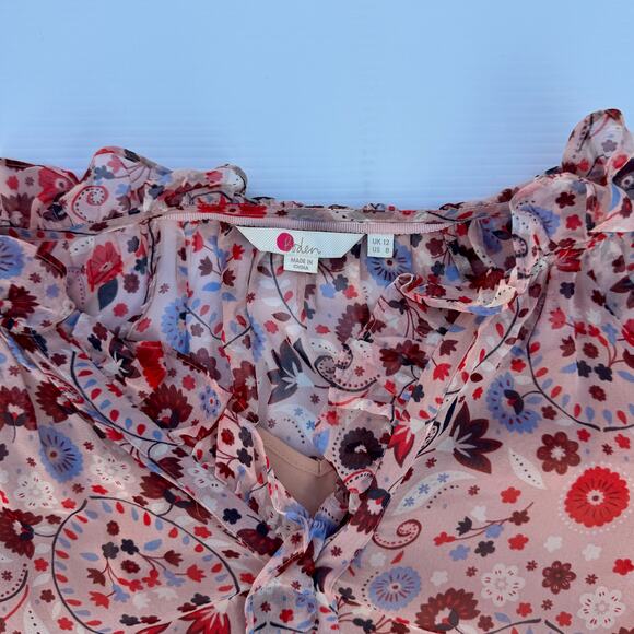 Boden Stephanie Silk Sheer Blouse Pink Floral Women’s 8 Ruffle Boho Cottagecore - Picture 9 of 16